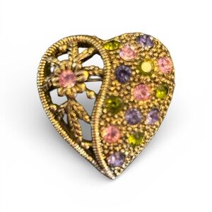 Vintage Heart-Shaped Gold Brooch with Pastel Gems